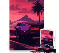 Puzzle Synthwave Rétro Voiture Coucher de Soleil pour Adolescents 1000 Pièces Améliore la Mémoire Loisirs Maison Bordure Précise Cadeau Exquis 38x26cm