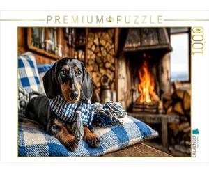 Puzzle · Teckel avec écharpe dans Un Chalet de Montagne | puzzle de chien confortable de Bavière · Un motif alpin… · 1000 pièces · Format assemblé 64 × 48 cm · CALVENDO Puzzle
