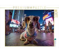 Puzzle · Teckel la Nuit à Las Vegas - Puzzle Amusant pour Chiens avec Une | touche américaine · Un teckel au milieu de la nuit scintillante… · 1000 pièces · Format assemblé 64 × 48 cm · CALVENDO Puzzle