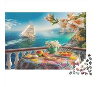 Puzzle Terrasse de café d'été pour Adultes,1000pcs (75x50cm),Jeu ÉduChatif,décoration De La Maison,Surplombant la mer