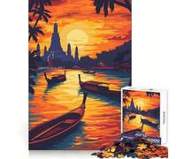 Puzzle thaïlandais Coucher de Soleil sur Bangkok 1000 pièces pour Adultes, Jeu de logique Stimulant, Anti-anxiété, Bords Transparents, pour Les fêtes 38x52cm