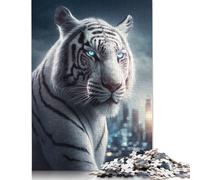 Puzzle Tigre Blanc dans la Ville, Décoration Unique pour la Maison, Puzzle en Carton de Qualité Supérieure pour Adultes et Ados, Cadeau Unique, 1000 Pièces (26x38cm)