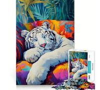 Puzzle Tigre Blanc Endormi 1000 Pièces Adultes Cadeau Exercice Cérébral Jeu d'Assemblage Atelier Détente Cadeau Souvenir 38x26cm