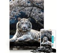 Puzzle Tigre Blanc sous Les Cerisiers en Fleurs pour Adultes 1000 Pièces Jeu de Mémoire Découpe Fine Finition Premium Un Passe-Temps Captivant (38x26cm)