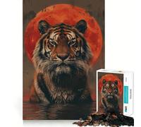 Puzzle Tigre Eau Rouge Soleil Lune 1000 Pièces pour Adolescents Jeu de Logique Solide Anti-Stress Bords Transparents Cadeau Classique 50x75cm
