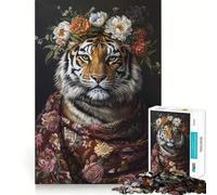 Puzzle Tigre et Fleurs Difficile pour Adultes 1000 Pièces Stimulant la Mémoire Calme Évasion Bordure Extensible Cadeau Spécial 38x52cm