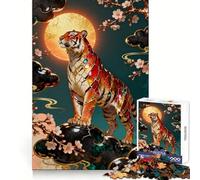 Puzzle Tigre Orné avec Lune et Fleurs pour Adultes 1000 Pièces Jeu de Réflexion Détente et Image à Assembler Cadeau de Noël (50x75cm)