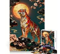 Puzzle Tigre Orné avec Lune et Fleurs pour Adultes 1000 Pièces Rappel Mise à Jour Temps Paisible Découpe Serrée Liste de Vœux du Père Noël (38x52cm)