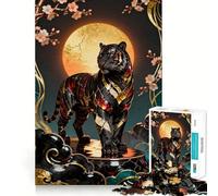 Puzzle Tigre Orné avec Lune et Fleurs pour Adultes 1000 Pièces Stimule la Mémoire Loisirs Amusants Bords Précis Joli Cadeau (38x26cm)