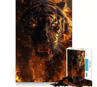 Puzzle Tigre Sauvage en Feu pour Adultes 1000 Pièces Stimulation Mentale Jeu Découpe Précise Alignement Parfait Activité de Renforcement des Liens Sociaux (38x52cm)