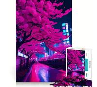 Puzzle Tokyo Neon Cherry Blossom 1000 pièces pour Adolescents, Jeu de logique Solide, activité à la Maison, Bords Transparents, Cadeau précieux 38x26cm