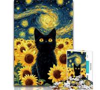 Puzzle Tournesol et Chat Noir pour Adultes Puzzle 1000 Pièces, Aidez Le Cerveau à Exercer des Jouets Addictifs pour Cultiver la Patience Une Œuvre d'art 38x26cm