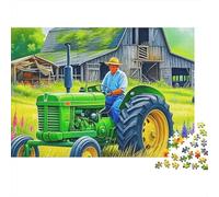 Puzzle Tracteur défi 1000 pièces Adultes, Fermier conduisant Tracteur Vert près Grange, épais, Robuste, Haute qualité, Vibrant, Anti-Stress 52x38cm/1000pcs