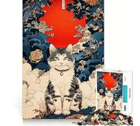 Puzzle Ukiyo-e Portrait de Chat avec Soleil Rouge pour Adolescents,1000 pièces,activité ludique et stimulante,découpe Nette,Composants Robustes,idéal pour se retrouver Entre Amis (38x52cm)