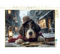 Puzzle · Un Bouvier Bernois comme détective dans Le Quartier enneigé de la | vieille ville · Un bouvier bernois en détective avec chapeau et… · 1000 pièces · Format assemblé 64 × 48 cm · CALVENDO Puzzle