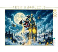 Puzzle · Un Carlin géant Escalade Le Big Ben à Londres sous la Pleine Lune | Une illustration de puzzle spectaculaire représentant un carlin… · 1000 pièces · Format assemblé 64 × 48 cm · CALVENDO Puzzle