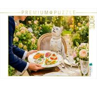 Puzzle · Un Chat Assis à la Table du Jardin, Devant Un Service raffiné de | bouchées de poisson de luxe · Une chatte élégante est assise à… · 1000 pièces · Format assemblé 64 × 48 cm · CALVENDO Puzzle