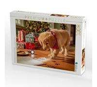 Puzzle · Un Chiot de Noël à la Recherche d'indices Devant Le Sapin de Noël | Un jeune chien suit des traces de pattes à la lumière d'une… · 1000 pièces · Format assemblé 64 × 48 cm · CALVENDO Puzzle