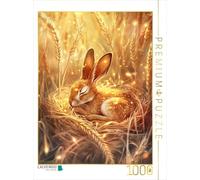 Puzzle · Un Motif du Calendrier Entre Mousse et rosée du Matin | Caché dans le champ de blé, le lièvre s'accroupit · son lit d'é… · 1000 pièces · Format assemblé 64 × 48 cm · CALVENDO Puzzle