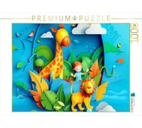 Puzzle · Un Petit garçon rêve de Devenir chercheur en écologie dans la | jungle, avec une girafe et un lion · Un petit garçon se tient… · 1000 pièces · Format assemblé 64 × 48 cm · CALVENDO Puzzle