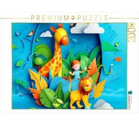 Puzzle · Un Petit garçon rêve de Devenir chercheur en écologie dans la | jungle, avec une girafe et un lion · Un petit garçon se tient… · 2000 pièces · Format assemblé 90 × 67 cm · CALVENDO Puzzle
