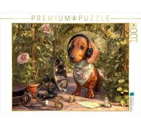 Puzzle · Un Teckel en Mission secrète avec Un système d'écoute dans la | roseraie · Un teckel avec des écouteurs et un foulard à fleurs… · 1000 pièces · Format assemblé 64 × 48 cm · CALVENDO Puzzle