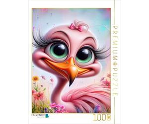 Puzzle · Une Charmante Dame Rose Flamant Bat des Cils | Des visages de dessins animés d'animaux de zoo qui ne font pas… · 1000 pièces · Format assemblé 64 × 48 cm · CALVENDO Puzzle