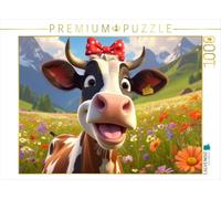 Puzzle · Une Vache Noire et Blanche Porte Un Petit nœud Rouge Coquin | Une vache rigolote rend chaque jour un peu meilleur · 1000 pièces · Format assemblé 64 × 48 cm · CALVENDO Puzzle