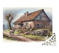 Puzzle Vieille chaumière Charette à Cheval 1000 pièces 52x38cm Papier recyclé pour Adultes Défi Difficile Stimule réflexion cérébrale Amusement Maison Cadeau