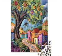 Puzzle Village Tropical pour Adultes,70x50cm/1000pcs,Jeu ÉduChatif,décoration De La Maison,Maisons colorées et Arbres mystérieux