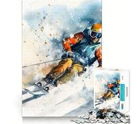 Puzzle Vintage Aquarelle de Ski,1000 pièces,Jeu de Concentration mentale,sans Espace,Design ajusté,défi cérébral interactif pour la Maison (38x26cm)