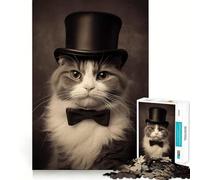 Puzzle Vintage Chat Chapeau Haut-de-Forme et nœud Papillon,1000 pièces,Jeu Amusant,Technologie de découpe Laser avancée,Jouet d'intérieur pour Les fêtes (38x26cm)