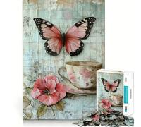 Puzzle Vintage de 1000 pièces en Forme de Tasse à thé avec Papillon,pour Adultes,Jeu de réflexion,découpe Laser pour Un Assemblage Parfait,activité enrichissante pour Les Jours de Pluie (38x52cm)
