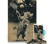 Puzzle Vintage de 1000 pièces représentant Un Chat Jouant au Tennis,idéal pour Adultes Jeu de réflexion avec découpe de précision et Bords Lisses Un défi Amusant pour Passer Le Temps (38x26cm)