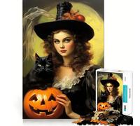 Puzzle Vintage d'halloween avec Une sorcière et Un Chat Noir,1000 pièces,Jeu de réflexion,Assemblage Stable,pièces Qui ne bougent Pas,Passe-Temps agréable pour Les Longs W nds (50x75cm)