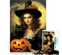 Puzzle vintage d'Halloween avec une sorcière et un chat noir,1000 pièces,pour adultes,jeu de réflexion,découpe laser pour un assemblage parfait,activité enrichissante pour les jours de pluie (38x52cm)