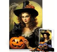 Puzzle Vintage d'halloween avec Une sorcière et Un Chat Noir pour Adultes, 1000 pièces, entraînement cérébral, détente Confortable, découpe Laser, Joyeux Noël (38x52cm)