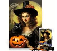 Puzzle Vintage d'halloween avec Une sorcière et Un Chat Noir pour Adultes, 1000 pièces, pour la Pratique de la logique, Une évasion paisible, Bords Nets, Cadeau de Noël Unique (50x75cm)
