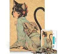Puzzle Vintage en Bois représentant Une Fille Chat,1000 pièces,pour Adolescents,Jeu Stimulant l'esprit,Assemblage sécurisé et Solide,activité Amusante en Famille Le Soir (38x26cm)