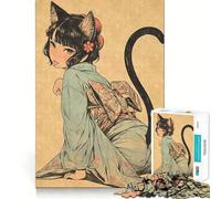 Puzzle Vintage en Bois représentant Une Fille-Chat,1000 pièces,pour stimuler Le Cerveau et créer des Liens en Famille ou Entre Amis (50x75cm) Assemblage précis et sans espaces
