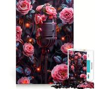 Puzzle Vintage Microphone en Fleurs 1000 Pièces Jeu Cognitif Amusant Découpe de Haute Précision Cadeau Unique pour Soulager Le Stress (38x26cm)