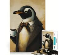 Puzzle Vintage Penguin Coffee 1000 pièces Jeu de développement cognitif Surface Lisse sans bavures Activité relaxante en Groupe à l'intérieur (38x26cm)