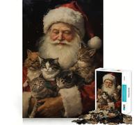 Puzzle Vintage Père Noël et Chats 1000 pièces,Jeu de réflexion,Assemblage Stable,pièces Qui ne bougent Pas,Passe-Temps agréable pour Les Longs Week-Ends (50x75cm)