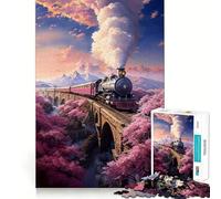 Puzzle Vintage Sakura Train à Vapeur 1000 pièces pour Adolescents,Jeu de mémoire Amusant,Assemblage Facile et sans Couture,activité de Groupe relaxante en intérieur (38x26cm)