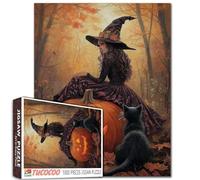 Puzzle vintage Sorcière Citrouille Ride 1000 pièces Automne Bois Chat Noir 68,6 x 50,8 cm