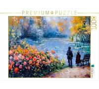 Puzzle · Visiteurs près de l'étang avec Un Banc, Parterre de Dahlias | nénuphars et feuilles d'automne, jeu de puzzle · Une illustrati… · 1000 pièces · Format assemblé 64 × 48 cm · CALVENDO Puzzle