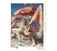 Puzzle · Vol de Serviettes de Bain sur la Plage Pendant Les Vacances | Un singe retire une serviette colorée d'une chaise longue · 1000 pièces · Format assemblé 64 × 48 cm · CALVENDO Puzzle