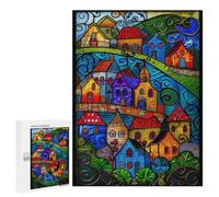 Puzzle Whimsical Stained Glass Village, 500 PCS, Activité Créative À La Maison, pour Un Divertissement Calme Pendant La Fin D’année, Cet Hiver