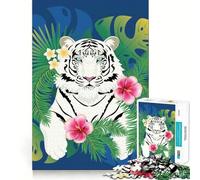 Puzzle White Tiger Feuilles Tropicales 1000 Pièces Développe la mémoire,ludique et de qualité Professionnelle pour stimuler l'esprit (50x75cm)