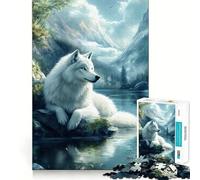 Puzzle White Wolf by The Lake pour Adolescents,1000 pièces,Jeu de mémoire,Verrouillage sécurisé,sans pièces détachées,idéal pour Les Voyages, pour Les Cerveaux (50x75cm)